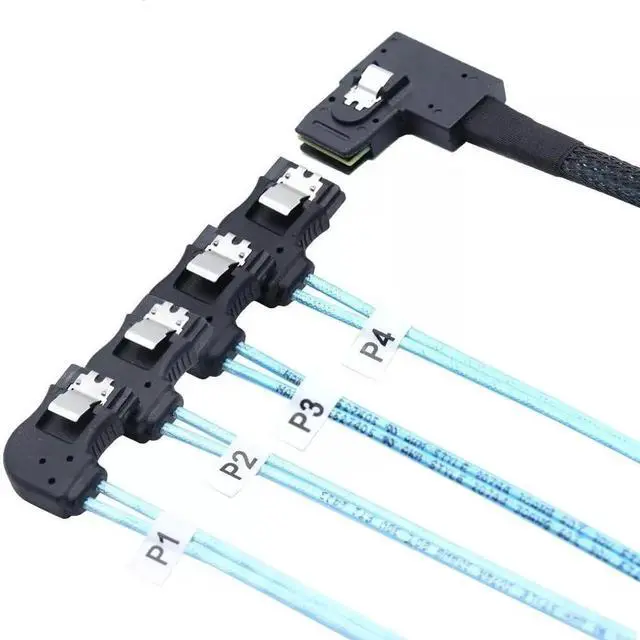 Alt view image 5 of 5 - 100CM Left Angle SFF-8087 Mini SAS to 4 Right Angle 7P SATA Breakout Server Cable