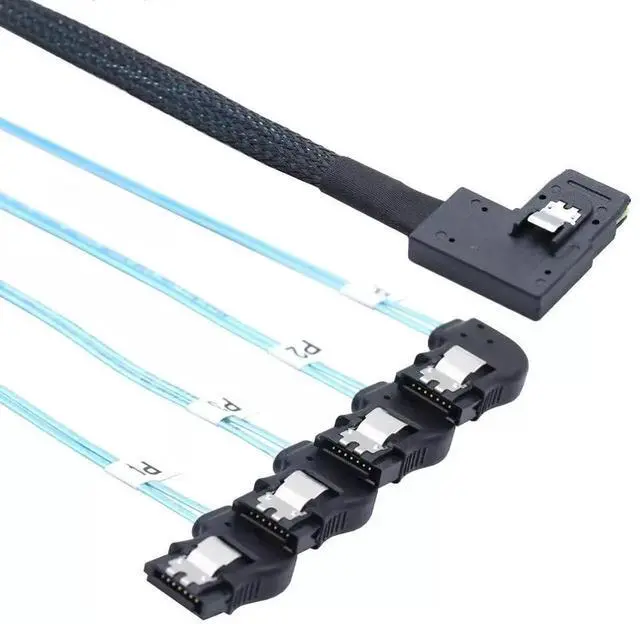 Alt view image 2 of 5 - 100CM Left Angle SFF-8087 Mini SAS to 4 Right Angle 7P SATA Breakout Server Cable