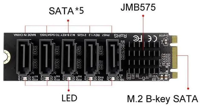 Alt view image 3 of 7 - NGFF Key B+M to SATA 3.0 6Gbps 5 Ports Expansion Adapter Card with Port Select JMB575
