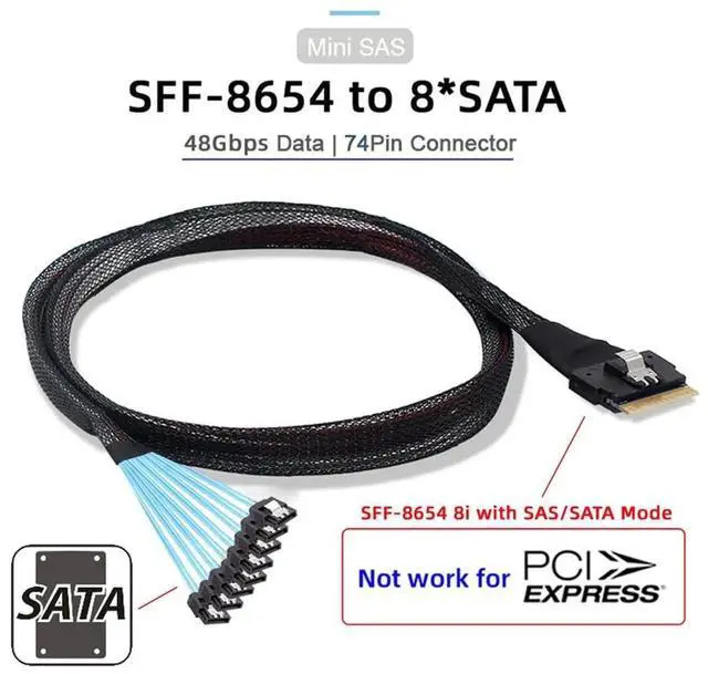 Alt view image 4 of 7 - 0.5M SFF-8654 8i 74Pin Slimline SAS 4.0 to 8 SATA 7Pin 1 to 8 Fanout Splitter Cable
