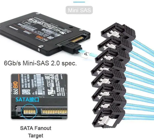 Alt view image 5 of 7 - 0.5M SFF-8654 8i 74Pin Slimline SAS 4.0 to 8 SATA 7Pin 1 to 8 Fanout Splitter Cable