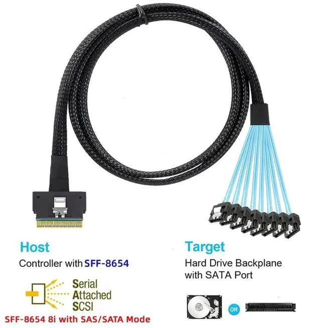 Alt view image 3 of 7 - 0.5M SFF-8654 8i 74Pin Slimline SAS 4.0 to 8 SATA 7Pin 1 to 8 Fanout Splitter Cable