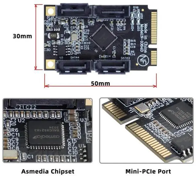 Alt view image 5 of 7 - Mini PCI-E to SATA 3.0 4 Ports Expansion Card 6Gbps SSD HDD Adapter Card