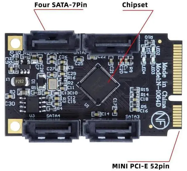 Alt view image 2 of 7 - Mini PCI-E to SATA 3.0 4 Ports Expansion Card 6Gbps SSD HDD Adapter Card