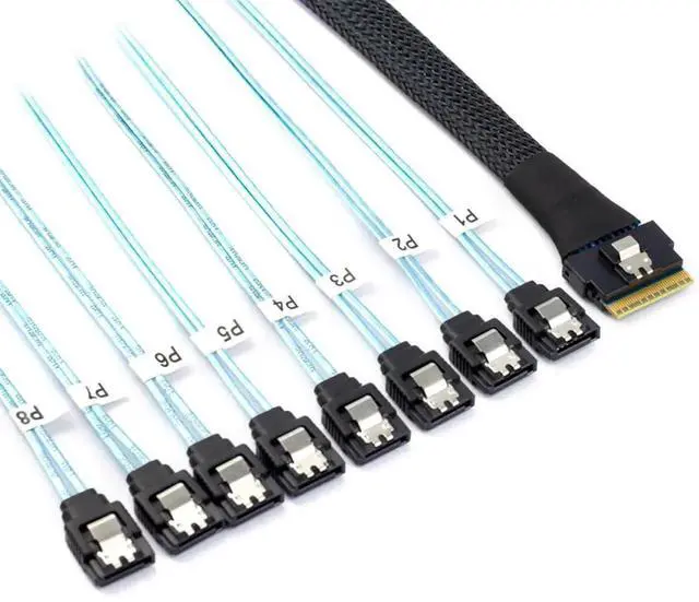 Main image of 1.0M Slimline SAS 4.0 SFF-8654 8i 74Pin to 8 SATA 7Pin 1 to 8 Fanout Splitter Cable