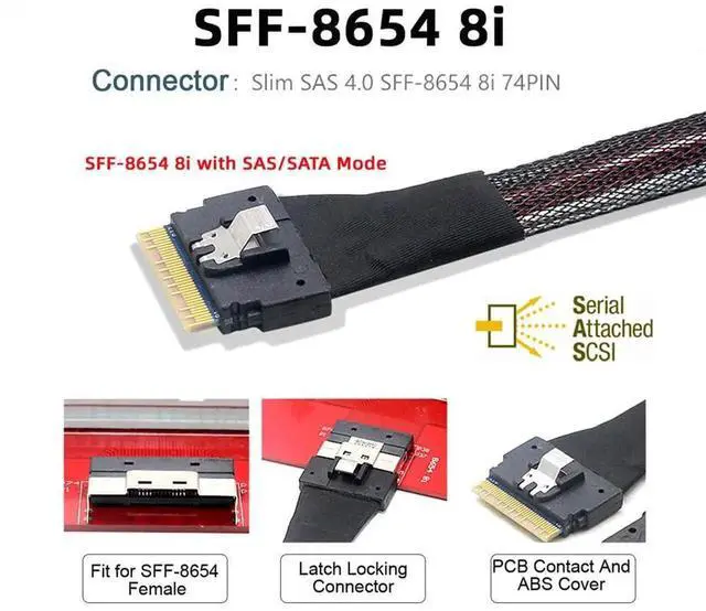 Alt view image 2 of 7 - 1.0M Slimline SAS 4.0 SFF-8654 8i 74Pin to 8 SATA 7Pin 1 to 8 Fanout Splitter Cable