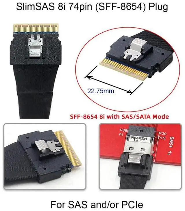 Alt view image 5 of 7 - 1.0M Slimline SAS 4.0 SFF-8654 8i 74Pin to 8 SATA 7Pin 1 to 8 Fanout Splitter Cable