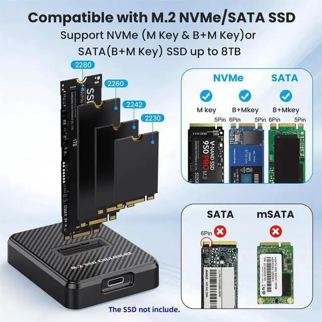 Alt view image 7 of 7 - USB 3.0 Type-C to M.2 NVMe SATA SSD Enclosure RTL9210B Chip M Key Vertical External Docking Case