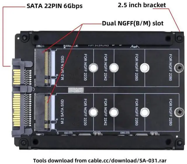 Alt view image 4 of 7 - Dual B+M Key M.2 SSD to 2.5 Inch SATA Combo Enclosure JBOD RAID0 Span Bridge Case
