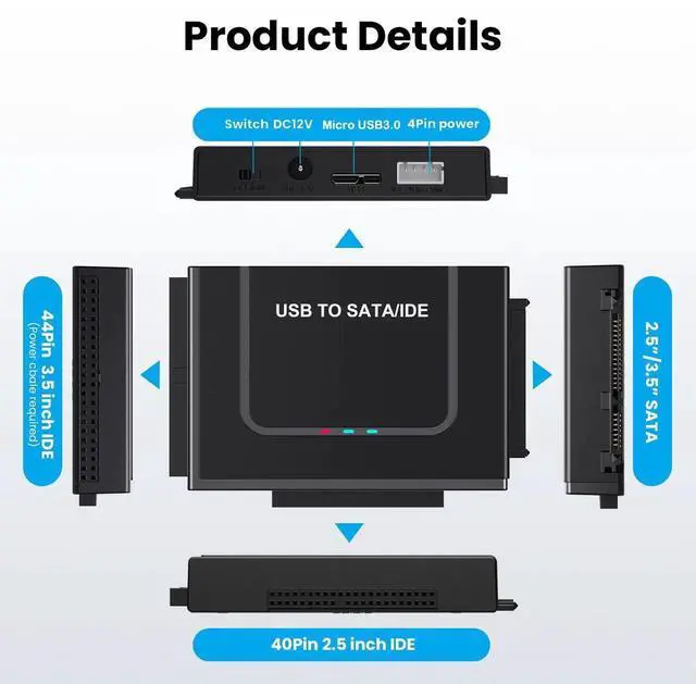 Alt view image 7 of 7 - USB to SATA IDE Adapter Cable Hard Drive Reader with 12V 2A Power Supply for 2.5 3.5 Inch HDD SSD