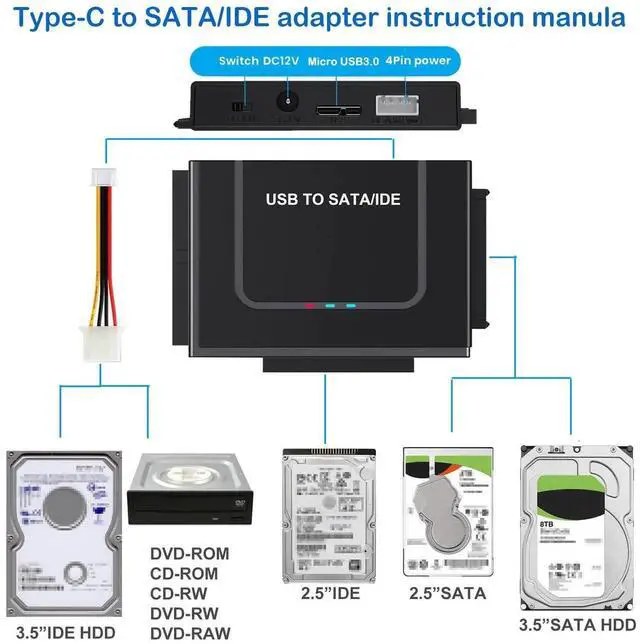 Alt view image 3 of 7 - USB to SATA IDE Adapter Cable Hard Drive Reader with 12V 2A Power Supply for 2.5 3.5 Inch HDD SSD