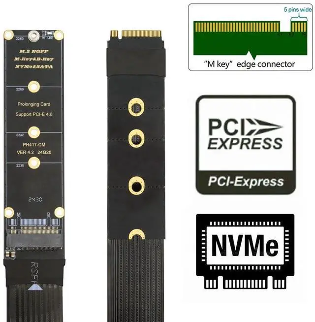 Alt view image 3 of 7 - 30cm PCIe 4.0 M-Key NVMe Male to Female Extension Cable for Motherboard SSD 2230 2242 2260 2280