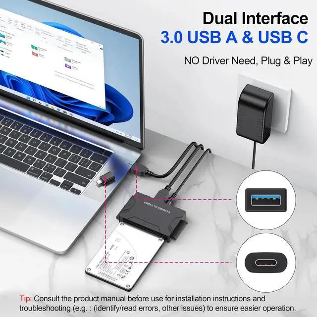 Alt view image 6 of 7 - USB 3.0 Type C to SATA IDE Hard Drive Adapter Cable with 12V 2A Power Supply for 2.5/3.5 Inch HDD SSD Blu-ray Drive Max 20TB