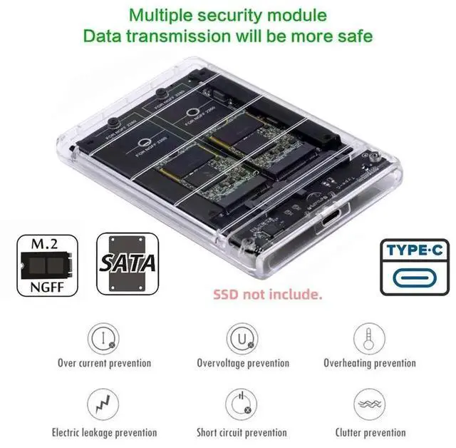Alt view image 2 of 7 - Dual B+M Key M.2 SSD RAID0 Bridge Card to USB3.0 Type-C 2.5 Inch SATA Combo Enclosure