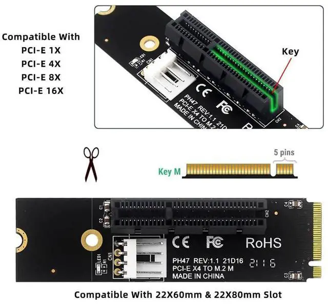 Alt view image 7 of 7 - M.2 M-Key 2280 2260 to PCIe X1 X4 X8 X16 Graphics Card Riser Extension Adapter