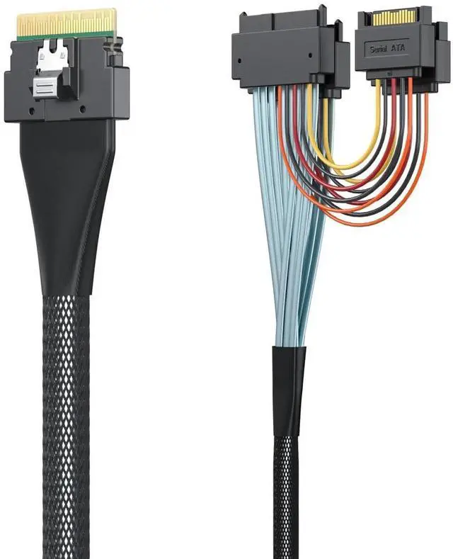 Main image of 0.5m SlimSAS SFF-8654 8i to Dual U.2 SFF-8639 Adapter Cable, PCIe 4.0 X8 NVMe SSD Cable with 15Pin SATA Power, 85Ohm AWG30 Twinax Silver Plated for Server Workstation