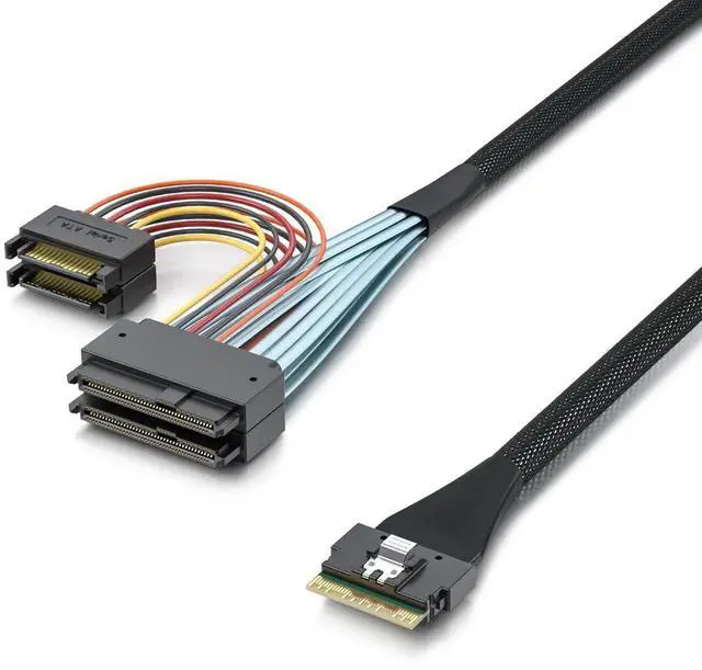 Alt view image 4 of 4 - 0.5m SlimSAS SFF-8654 8i to Dual U.2 SFF-8639 Adapter Cable, PCIe 4.0 X8 NVMe SSD Cable with 15Pin SATA Power, 85Ohm AWG30 Twinax Silver Plated for Server Workstation