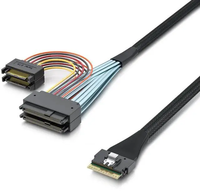 Alt view image 4 of 4 - 1m SlimSAS SFF-8654 8i to Dual U.2 SFF-8639 Cable, PCIe 4.0 x8 NVMe SSD Cord with 15Pin SATA Power, 85Ohm AWG30 Silver Plated Twinax Wire for Server Workstation