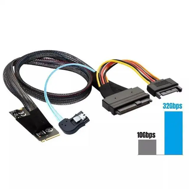 Alt view image 3 of 5 - 100CM Left Angle M.2 M-Key SFF-8643 to U.2 SFF-8639 Adapter Cable, With SATA 15P & 7P Power Cable