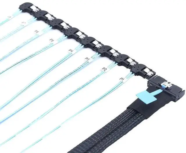 Alt view image 2 of 5 - 100CM Right Angle Female MCIO SFF-8654 8i PCIe 5.0 Ultraport Slimline Cable to 8X SATA 7Pin