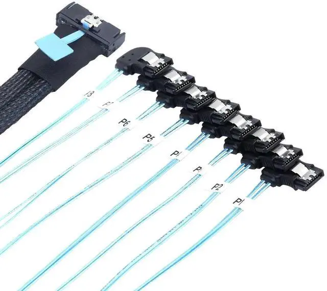 Alt view image 4 of 5 - 100CM Right Angle Female MCIO SFF-8654 8i PCIe 5.0 Ultraport Slimline Cable to 8X SATA 7Pin