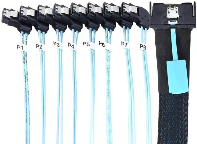 Alt view image 6 of 6 - 0.8M Left Female MCIO SFF-8654 8i PCIe 5.0 Slimline Ultraport Cable to 8X SATA 7Pin