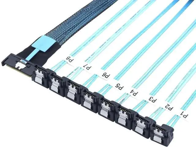 Alt view image 3 of 6 - 100CM 90 Degree Female MCIO SFF-8654 8i PCIe 5.0 Slimline Ultraport Cable to 8X SATA 7Pin