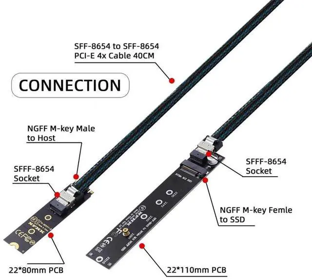 Alt view image 4 of 7 - 40cm NGFF M-Key NVMe Male to Female Extension Cable with SFF-8654 Connector, Compatible with 2280 22110 SSD for Motherboard