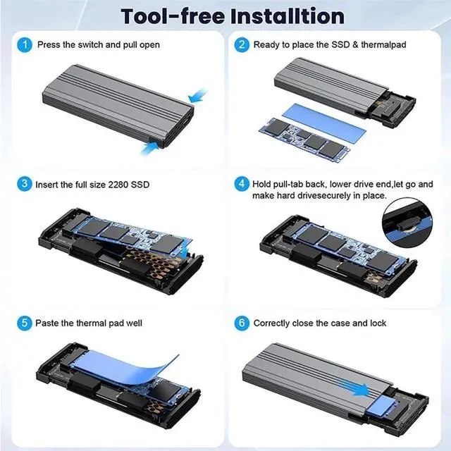 Alt view image 7 of 7 - 20Gbps Type-C USB3.2 USB4 to M.2 NVMe SATA SSD Enclosure, RTL9220 Chip M-Key NGFF SSD Reader Case Fit 2280/2242/2260mm