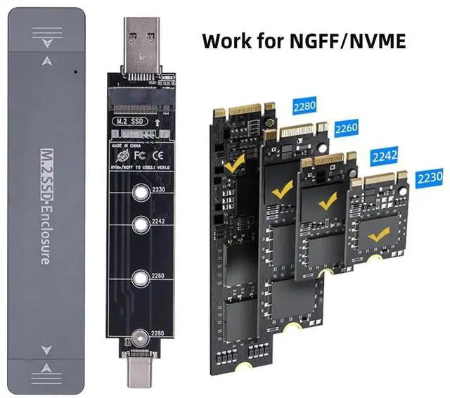 Alt view image 3 of 7 - 10Gbps Combo Type-C USB3.0 to M.2 SSD Enclosure, RTL9210B Chip M-Key NVMe & SATA SSD Adapter Case Fit 2280 2242 2230