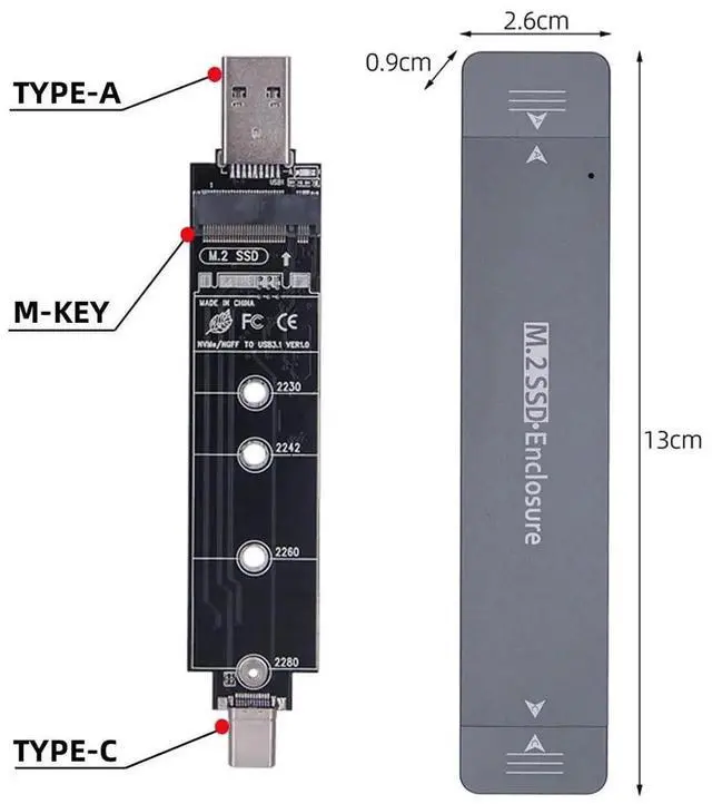 Alt view image 7 of 7 - 10Gbps Combo Type-C USB3.0 to M.2 SSD Enclosure, RTL9210B Chip M-Key NVMe & SATA SSD Adapter Case Fit 2280 2242 2230