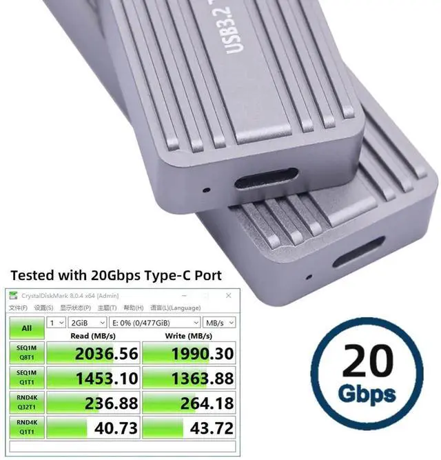 Alt view image 2 of 7 - 20Gbps Type-C USB3.2 USB4 to M.2 SSD Enclosure, RTL9220 Chip M-Key NVMe SATA SSD Adapter Case for 2242 2230