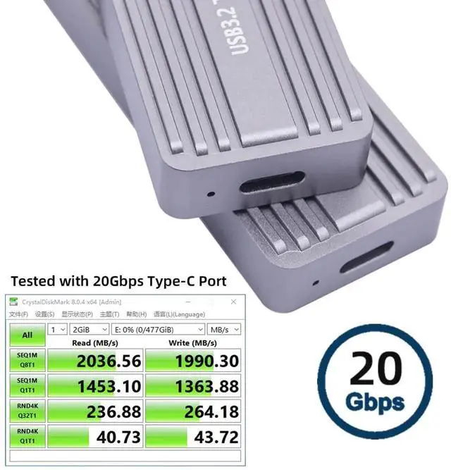 Alt view image 2 of 7 - 20Gbps USB3.2 USB4 Type-C to M.2 SSD Enclosure, RTL9220 Chip M-Key NVMe SATA SSD Adapter Case Fit 2280 2242 2230