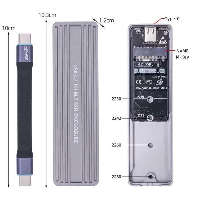 Alt view image 3 of 7 - 20Gbps USB3.2 USB4 Type-C to M.2 SSD Enclosure, RTL9220 Chip M-Key NVMe SATA SSD Adapter Case Fit 2280 2242 2230