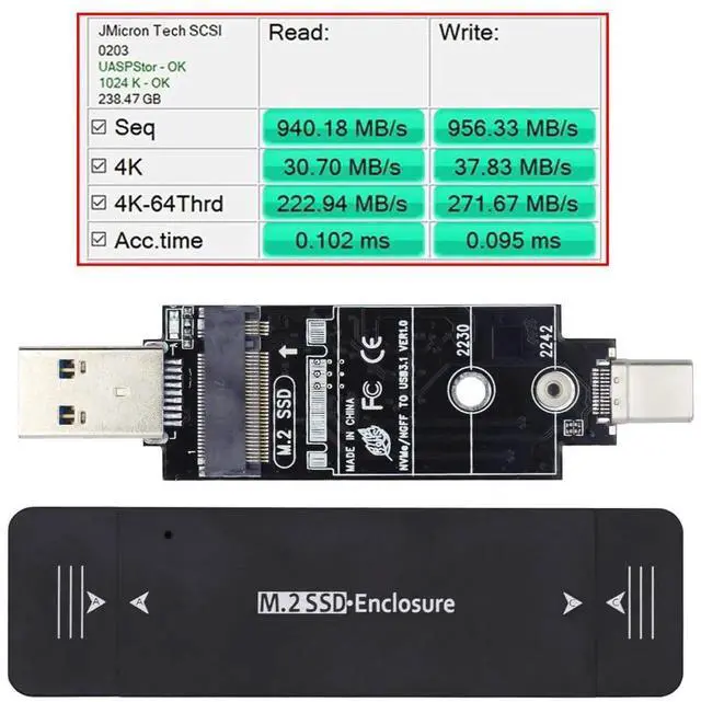 Alt view image 3 of 7 - 10Gbps Combo USB3.0 Type-C to M.2 SSD Enclosure, RTL9210B Chip M-Key NVMe SATA SSD Adapter Case for 2242 2230