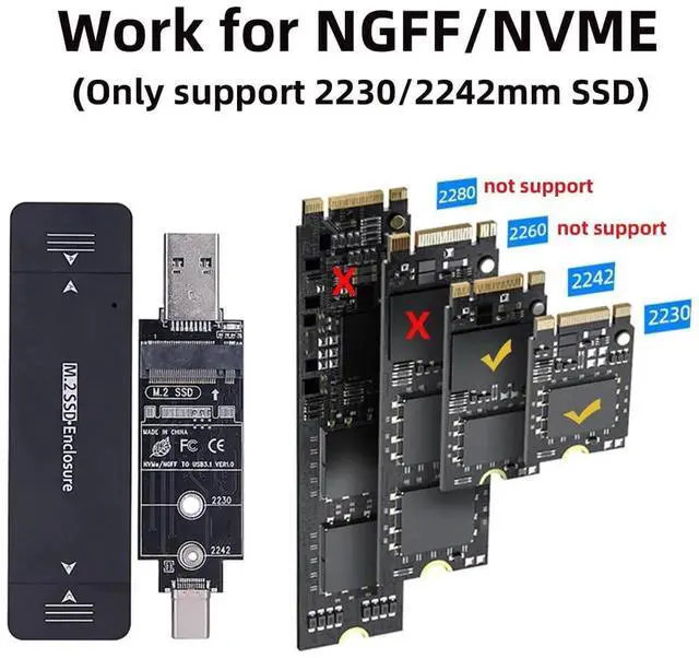 Alt view image 4 of 7 - 10Gbps Combo USB3.0 Type-C to M.2 SSD Enclosure, RTL9210B Chip M-Key NVMe SATA SSD Adapter Case for 2242 2230