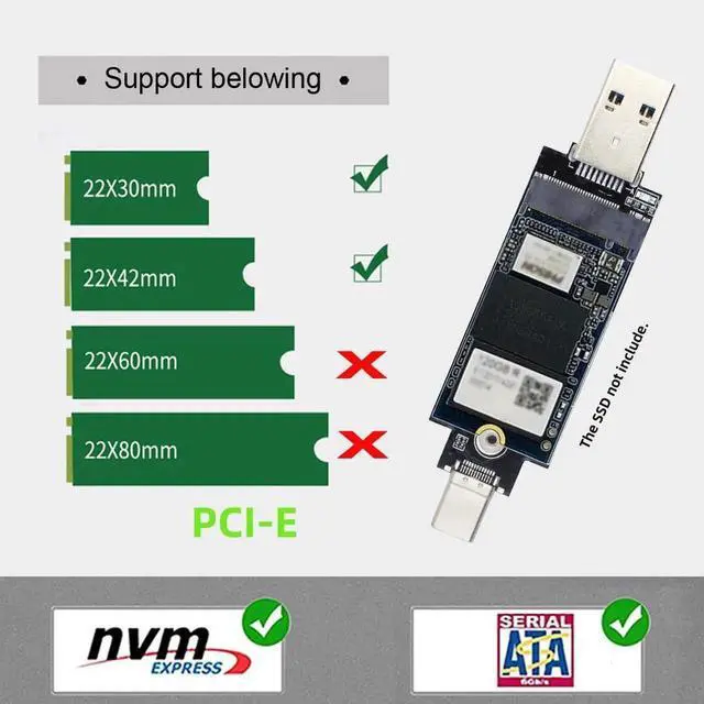 Alt view image 5 of 7 - 10Gbps Combo USB3.0 Type-C to M.2 SSD Enclosure, RTL9210B Chip M-Key NVMe SATA SSD Adapter Case for 2242 2230
