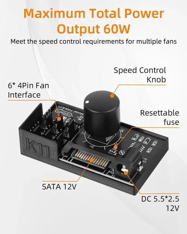 Alt view image 7 of 7 - 12V 4Pin PWM Fan Hub 1 In 6 Out PC Fan Speed Controller, SATA/DC5525 Powered Cooling Speed Adjuster Max 60W 5A Output