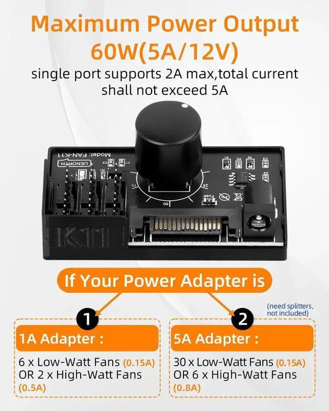 Alt view image 2 of 7 - 12V 4Pin PWM Fan Hub 1 In 6 Out PC Fan Speed Controller, SATA/DC5525 Powered Cooling Speed Adjuster Max 60W 5A Output