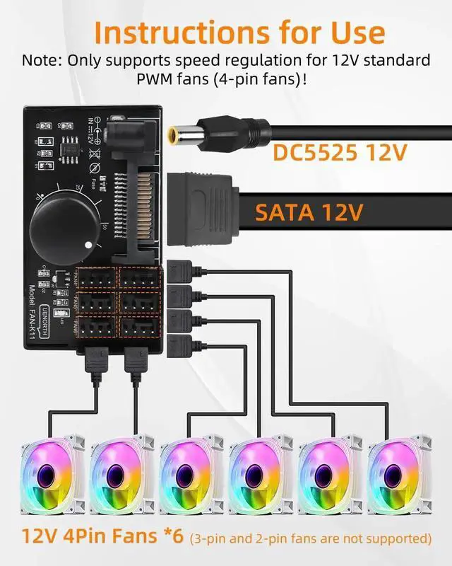 Alt view image 5 of 7 - 12V 4Pin PWM Fan Hub 1 In 6 Out PC Fan Speed Controller, SATA/DC5525 Powered Cooling Speed Adjuster Max 60W 5A Output