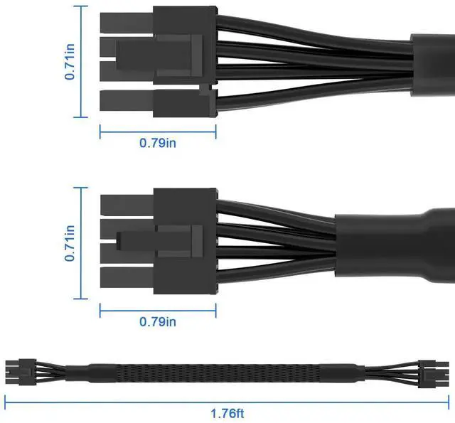Alt view image 5 of 6 - 65CM Black Braided PCIe GPU Power Extension Cable, 18AWG 10A 8Pin to 6+2Pin Modular PSU Cord Compatible with MSI MAG A750GL A850GL