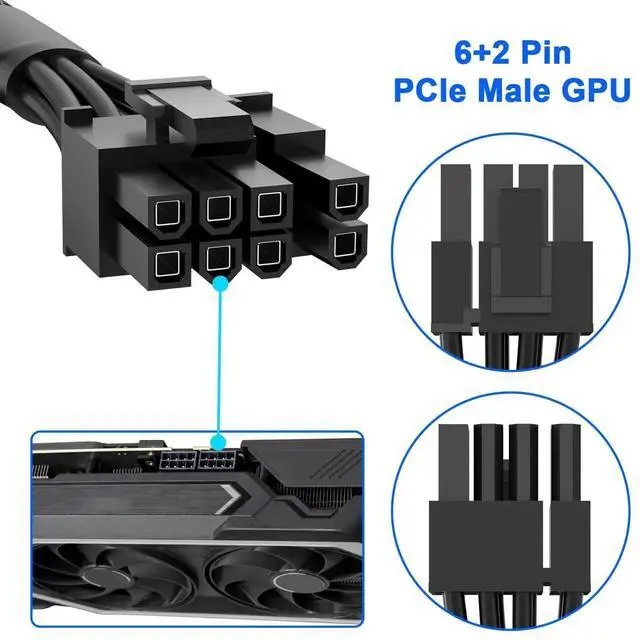Alt view image 6 of 6 - 65CM Black Braided PCIe GPU Power Extension Cable, 18AWG 10A 8Pin to 6+2Pin Modular PSU Cord Compatible with MSI MAG A750GL A850GL