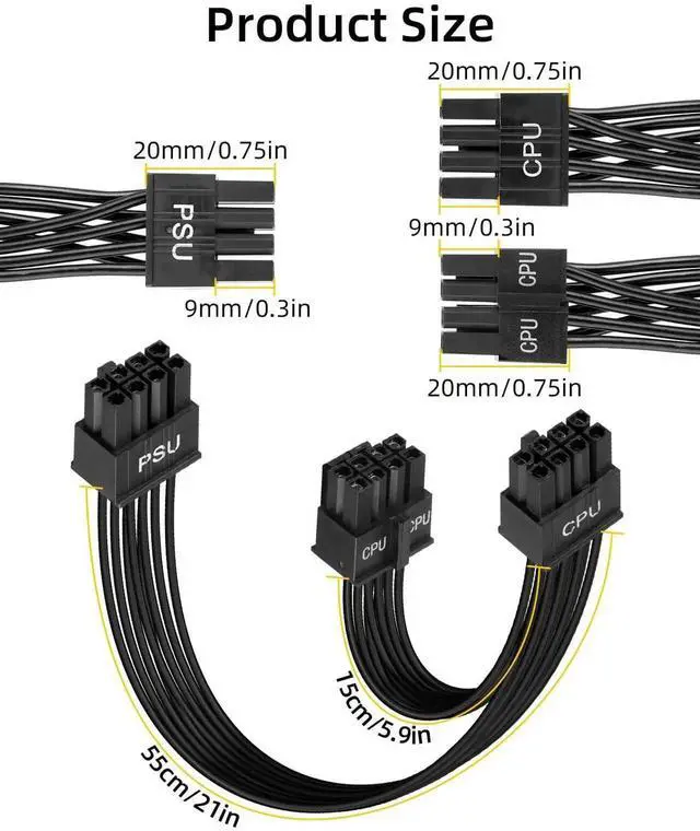 Alt view image 3 of 7 - 60CM+20CM 18AWG Black CPU 8Pin to 4+4Pin Power Cable, Male to Male Modular CPU Power Cord Compatible with Corsair Power Supply
