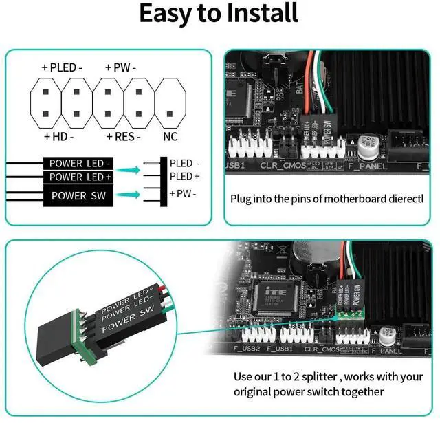 Alt view image 4 of 6 - Desktop External PC Power Switch with LED Indicator, PC Motherboard Power On Off Reset Extension Switch Button