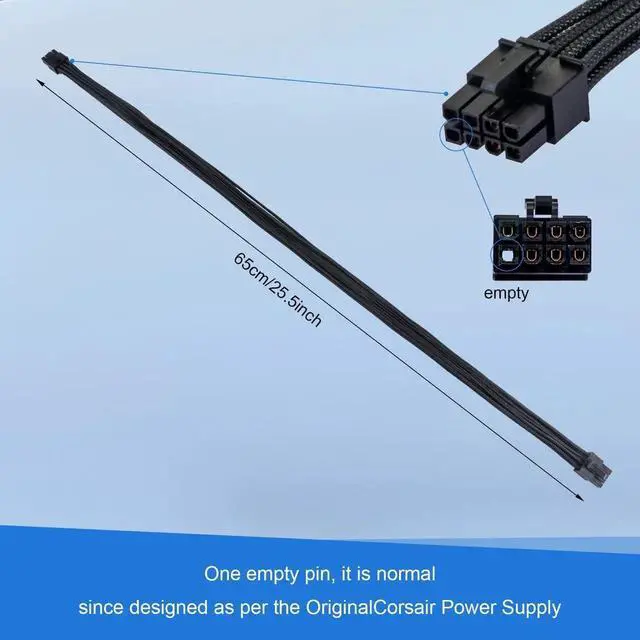 Alt view image 5 of 6 - 65cm 18AWG Black 8Pin to 6+2Pin PCIe GPU Power Cable, Male to Male Modular PSU Cord Compatible with Corsair Thermaltake ARESGAME