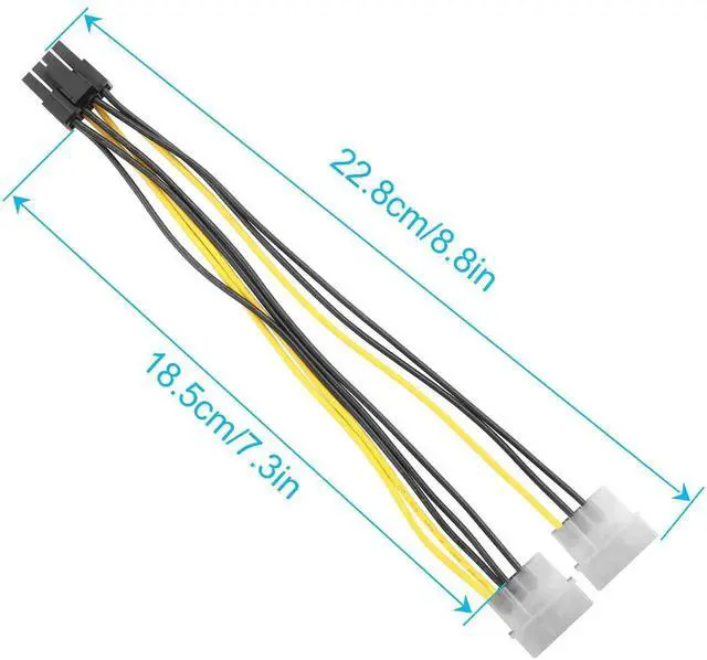 Alt view image 2 of 5 - 2 Pack 22.8cm Dual 4Pin Molex to 6+2Pin GPU Power Adapter Cable for Mining Graphics Card