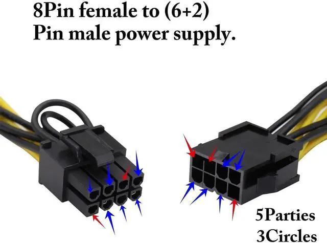Alt view image 5 of 7 - 2 Pack 20cm 18AWG 8Pin Female to Dual 6+2Pin GPU Y Splitter Power Cable for Mining Rig