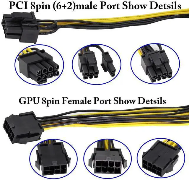 Alt view image 4 of 7 - 2 Pack 20cm 18AWG 8Pin Female to Dual 6+2Pin GPU Y Splitter Power Cable for Mining Rig
