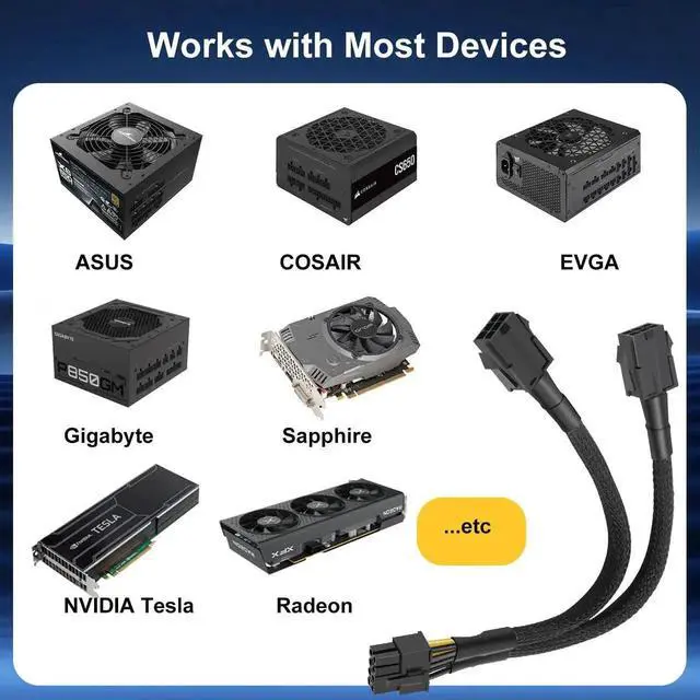 Alt view image 5 of 7 - 2 Pack 9.5 Inch 24cm Sleeved Dual 6Pin Female to 8Pin Male GPU Power Adapter Cable