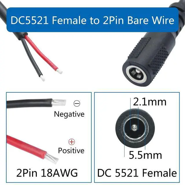 Alt view image 4 of 7 - 2Pcs 3.3FT 18AWG 12V DC 5.5x2.1mm Female Plug to Bare Wire Power Pigtail Cable for DC Cord Repair Replacement